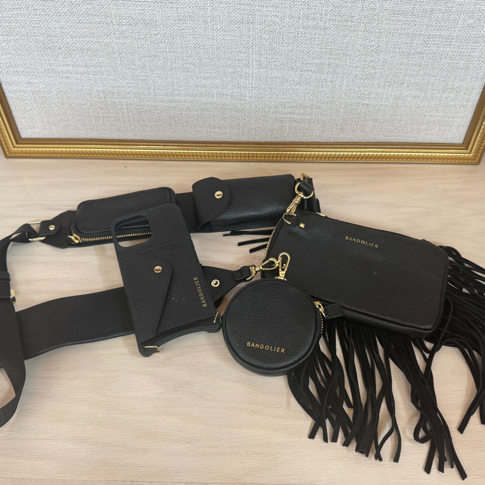Bandolier Black Crossbody Bag with Fringe